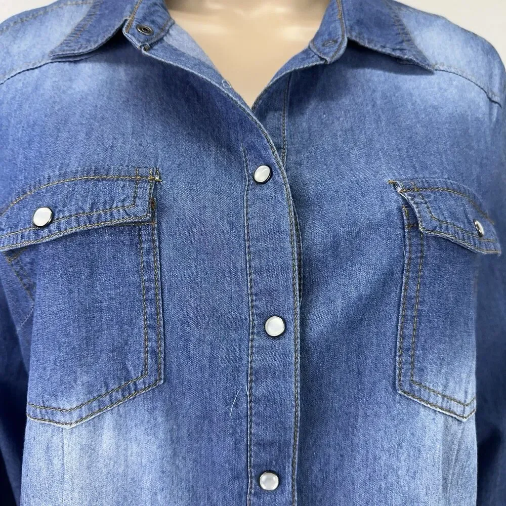 Cavalini Denim Collection Top XLarge, 3/4 Roll Tab Sleeve Shirt Blue Cowgirl - Picture 4 of 9